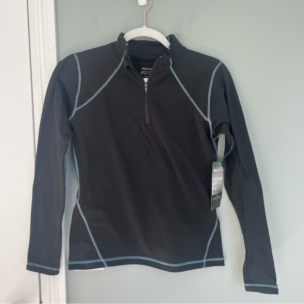 NWT Marmot Polartec Midweight Quarter-Zip Top Black Blue Stitching Long Sleeve